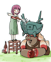 1girl :&gt; alcohol alcohol_carton bare_arms bare_shoulders blunt_bangs blush bocchi_the_rock! bottle chromatic_aberration closed_mouth collarbone creatures_(company) crossover dress fang fang_out game_freak geta grass green_dress hair_over_shoulder hiroi_kikuri holding holding_bottle long_hair low-braided_long_hair low-tied_long_hair medium_dress motion_lines nintendo no_nose on_stool pink_hair pokemon pokemon_(creature) pouring sake sake_bottle smile standing stool ting-lu_(pokemon) torako_(toramaru) wooden_stool