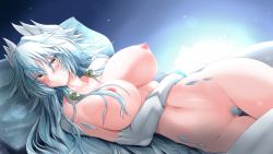 Rule 34 | 1girl, blue hair, blush, breasts, dragon girl, dragon horns, dragon tail, female pubic hair, g (genesis1556), gluteal fold, hair between eyes, hair ornament, hand on own stomach, highres, horns, large breasts, long hair, looking at viewer, lutian (g (genesis1556)), lying, monster girl, navel, nipples, nude, on back, on bed, original, pillow, pubic hair, scales, silver hair, solo, tail, very long hair