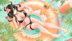 Rule 34 | &gt; &lt;, 1girl, absurdres, alternate costume, azur lane, ball, beachball, bikini, black bikini, black hair, breasts, commentary, criss-cross halter, cup, day, drinking straw, english commentary, friedrich der grosse (azur lane), from above, hair over one eye, halterneck, heart, heart-shaped pupils, highres, holding, holding cup, horns, ice, ice cube, innertube, lalachan208, large breasts, long hair, looking at viewer, looking up, manjuu (azur lane), mechanical horns, outdoors, red horns, solo, string bikini, summer, swim ring, swimsuit, symbol-shaped pupils, water, yellow eyes, yellow innertube