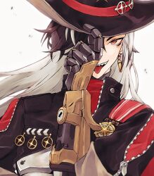 Rule 34 | 1boy, badge, black hair, black hat, black jacket, boothill (honkai: star rail), bullet earrings, cowboy hat, cropped jacket, crosshair pupils, cyborg, earrings, hair over one eye, hat, hat tip, highres, honkai: star rail, honkai (series), jacket, jewelry, long hair, looking at viewer, male focus, mechanical arms, mole, mole under eye, multicolored hair, multiple moles, nara kio, open mouth, partially unzipped, red eyes, sharp teeth, simple background, solo, teeth, tongue, tongue out, two-tone hair, upper body, white background, white hair, zipper, zipper pull tab
