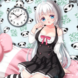 Rule 34 | 1girl, arm support, bare shoulders, bed, black skirt, blue eyes, blush, bow, breasts, chestnut mouth, cleavage, clock, collarbone, dairoku ryouhei, fang, feet out of frame, hand up, head tilt, long hair, long sleeves, looking at viewer, medium breasts, mirai (happy-floral), off-shoulder shirt, off shoulder, official art, on bed, open mouth, pleated skirt, red bow, shirt, silver hair, sitting, skirt, solo, striped clothes, striped thighhighs, thighhighs, very long hair, wall clock, watermark, white shirt