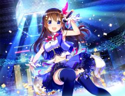 Rule 34 | 1girl, amagai tarou, audience, blouse, blue eyes, blue skirt, blue thighhighs, blush, bow, bowtie, brown hair, collaboration, commentary, concert, confetti, glowstick, hair ornament, hairclip, holding, holding microphone, hololive, idol, indoors, katou taira, leg ribbon, lights, long hair, looking at viewer, microphone, miniskirt, navel, open mouth, red bow, red bowtie, ribbon, shirt, skirt, sleeveless, smile, solo, star (symbol), star hair ornament, thigh ribbon, thighhighs, tokino sora, tokino sora (1st costume), vest, virtual youtuber, waist cape, white shirt, zettai ryouiki