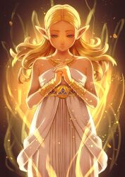 Rule 34 | 1girl, anklet, blonde hair, blue eyes, commentary, dress, highres, jewelry, kodue55, long hair, magic, necklace, nintendo, pointy ears, princess zelda, princess zelda (botw), strapless, strapless dress, the legend of zelda, the legend of zelda: breath of the wild, white dress