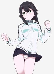 Rule 34 | 10s, 1girl, black hair, clenched hand, frown, hayasui (kancolle), jacket, kantai collection, ojipon, panties, pantyshot, pleated skirt, short hair, simple background, skirt, solo, standing, track jacket, underwear