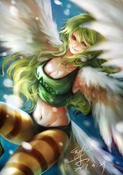 Rule 34 | 1girl, breasts, cleavage, clothes writing, eykihan, feathered wings, flying, green hair, harpy, large breasts, long hair, looking at viewer, midriff, monet (one piece), monster girl, navel, one piece, pantyhose, short shorts, shorts, signature, smile, snow, solo, striped, tank top, wavy hair, wings