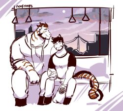 Rule 34 | 2boys, animal ears, bara, beard, black sleeves, blush, bus interior, cat boy, cat ears, cat tail, closed eyes, cropped legs, facial hair, furry, furry male, furry with non-furry, happy, holding hands, interspecies, intertwined tails, large pectorals, male focus, mature male, multiple boys, muscular, muscular male, noof (mustardcanyon), original, pectorals, purple theme, raglan sleeves, short hair, tail, thick eyebrows, tiger boy, u u, yaoi