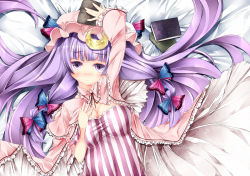 Rule 34 | 1girl, blush, book, breasts, crescent, dress, female focus, hair ribbon, hat, large breasts, long hair, looking at viewer, lying, on back, patchouli knowledge, purple eyes, purple hair, ribbon, solo, striped clothes, striped dress, sugiyuu, touhou, vertical stripes