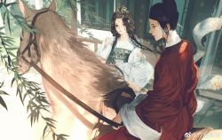 Rule 34 | 1boy, 1girl, absurdres, bamboo, black hair, chinese clothes, facial mark, forehead mark, hanfu, hat, highres, horse, long hair, long sleeves, original, outdoors, parted bangs, sitting on animal, white horse, wide sleeves, zhu mo fan yi