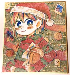 Rule 34 | 1boy, 720m orange, alternate hair color, ball, basketball (object), blush, bow, christmas ornaments, christmas sweater, closed mouth, green sweater, hat, highres, holding, holding ball, jash (omori), kel (faraway) (omori), kel (omori), long sleeves, looking at viewer, male focus, multicolored clothes, multicolored hair, multicolored sweater, omori, pluto (omori), red bow, red hat, red sweater, santa hat, short hair, smile, solo, sweater