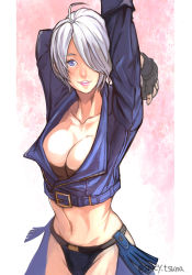Rule 34 | 1girl, angel (kof), arm up, blue eyes, bra, breasts, chaps, cropped jacket, fingerless gloves, gloves, hair over one eye, jacket, large breasts, leather, leather jacket, lipstick, looking at viewer, makeup, snk, solo, strapless, strapless bra, the king of fighters, the king of fighters xiv, the king of fighters xv, toned, tsuna (akmu8832), underwear, white hair