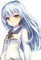 Rule 34 | 1girl, angel beats!, blazer, blush, brooch, closed mouth, collared shirt, commentary request, grey jacket, highres, jacket, jewelry, long hair, long sleeves, looking at viewer, ribbon, shirt, silver hair, simple background, solo, tenshi (angel beats!), upper body, uumaru, very long hair, white background, white shirt, yellow eyes, yellow ribbon