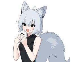 Rule 34 | 1girl, :d, ahoge, animal ears, bad link, bare arms, black eyes, black shirt, chorefuji, commentary request, eating, food, food on face, fox ears, fox girl, fox tail, grey hair, hair between eyes, hands up, happy, holding, holding food, notice lines, onigiri, open mouth, original, rice, rice on face, shirt, short hair, simple background, sleeveless, sleeveless shirt, smile, solo, tail, upper body, white background