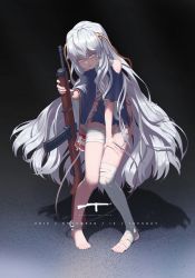 Rule 34 | 1girl, absurdres, assault rifle, automatic rifle, bandaged leg, bandages, barefoot, blood, blood bag, bright pupils, character name, commentary, duckking, full body, girls&#039; frontline, grey eyes, gun, hair between eyes, highres, holding, holding gun, holding weapon, intravenous drip, long hair, looking at viewer, open mouth, ribeyrolles (girls&#039; frontline), ribeyrolles 1918, rifle, shadow, silver hair, solo, sweat, very long hair, weapon, white pupils