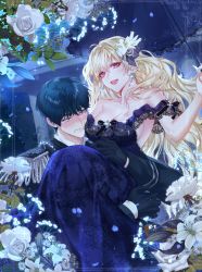 Rule 34 | 1boy, 1girl, bare shoulders, black dress, black gloves, black hair, blonde hair, blush, border, breasts, carrying, cleavage, dress, earrings, embarrassed, epaulettes, face to breasts, flower, glint, gloves, hair flower, hair ornament, hetero, highres, holding, holding umbrella, jewelry, kimpeul, korean commentary, large breasts, leaf, long hair, looking at breasts, military, military uniform, mole, mole on breast, mole under eye, night, open mouth, original, princess carry, purple eyes, red eyes, short hair, teeth, umbrella, uniform
