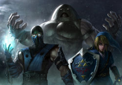 Rule 34 | 10s, 3boys, alternate color, billy christian, blonde hair, blue eyes, blue fire, blue theme, crossover, earrings, epic, fingerless gloves, fire, gloves, glowing, glowing eyes, helmet, japanese clothes, jewelry, left-handed, link, male focus, marvel, mask, master sword, mortal kombat (series), mouth mask, multiple boys, multiple crossover, muscular, ninja, nintendo, no pupils, pointy ears, shield, spikes, sub-zero, sword, the juggernaut, the legend of zelda, triforce, vambraces, weapon, x-men