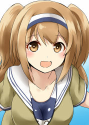 Rule 34 | 10s, 1girl, :d, blue background, brown eyes, brown hair, close-up, collarbone, gradient background, hairband, highres, i-26 (kancolle), jacket, kamelie, kantai collection, long hair, looking at viewer, matching hair/eyes, name tag, one-piece swimsuit, open mouth, school swimsuit, simple background, smile, solo, swimsuit, swimsuit under clothes, two side up