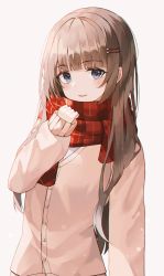Rule 34 | 1girl, absurdres, blue eyes, blunt bangs, blush, brown hair, clenched hand, hair ornament, hairclip, hand up, highres, huge filesize, long hair, long sleeves, looking at viewer, omul, open mouth, original, pink shirt, plaid, plaid scarf, red scarf, scarf, school uniform, shirt, simple background, smile, solo, white background