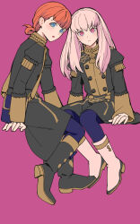 Rule 34 | 2girls, annette fantine dominic, black footwear, black pantyhose, blue eyes, blush, boots, buttons, closed mouth, fire emblem, fire emblem: three houses, garreg mach monastery uniform, hair rings, highres, invisible chair, long hair, long sleeves, looking at viewer, lysithea von ordelia, multiple girls, nintendo, orange hair, pantyhose, pink background, pink eyes, shishima eichi, short hair, simple background, sitting, uniform, white footwear, white hair