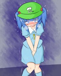 Rule 34 | 1girl, between legs, blue background, blue eyes, blue hair, blue shirt, blue skirt, blue socks, blush, breath, constricted pupils, embarrassed, female focus, flat chest, flying sweatdrops, green hat, hair bobbles, hair ornament, hand between legs, hat, have to pee, jewelry, kawashiro nitori, key, kneehighs, knees together feet apart, looking at viewer, miniskirt, mizusoba, necklace, nose blush, open mouth, own hands together, puffy short sleeves, puffy sleeves, shirt, short hair, short sleeves, short twintails, simple background, skirt, socks, solo, standing, sweat, tears, touhou, trembling, turn pale, twintails, v arms, wavy eyes, wavy mouth