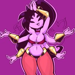 Rule 34 | 1girl, 2024, :d, arms up, bare shoulders, black hair, black panties, blush, bra, breasts, choker, cleavage, collarbone, colored skin, commentary, cowboy shot, dancer, english commentary, extra arms, extra eyes, fangs, female focus, fusion, gold trim, groin, harem pants, highres, insect girl, jek korpen, large breasts, long hair, lowleg, lowleg pants, midriff, muffet, navel, open mouth, own hands clasped, own hands together, panties, pants, ponytail, purple background, purple skin, red bra, red pants, see-through, see-through legwear, shantae, smile, solo, spider girl, standing, strapless, strapless bra, undertale, underwear, vambraces, very long hair, wayforward