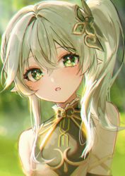 Rule 34 | + +, 723/nanahumi, :o, bad id, bad twitter id, blurry, blurry background, blush, child, cross-laced clothes, cross-laced sleeves, cross-shaped pupils, detached sleeves, dress, genshin impact, green background, green dress, green eyes, green theme, hair ornament, highres, looking at viewer, medium hair, nahida (genshin impact), open mouth, outdoors, pointy ears, side ponytail, sleeveless, sleeveless dress, symbol-shaped pupils, upper body, white hair