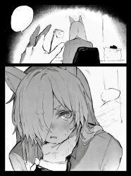 1girl animal_ears blue_archive clenched_teeth dog_ears dog_girl from_behind greyscale hair_over_one_eye hand_on_another&#039;s_chin highres inusaka kanna_(blue_archive) long_hair looking_at_viewer monochrome pov sharp_teeth sidelocks teeth