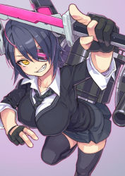 Rule 34 | &gt;:), 10s, 1girl, black gloves, black hair, black skirt, black thighhighs, blush, breasts, checkered clothes, checkered necktie, checkered neckwear, cowboy shot, eyepatch, foreshortening, gloves, grin, hair between eyes, headgear, holding, holding sword, holding weapon, kantai collection, large breasts, leaning forward, leg up, looking at viewer, machinery, miniskirt, necktie, one eye covered, partially fingerless gloves, pointing, pointing at viewer, purple background, short hair, simple background, skirt, smile, sword, tenryuu (kancolle), thighhighs, tsurime, turret, v-shaped eyebrows, weapon, yellow eyes, yuuji (and)
