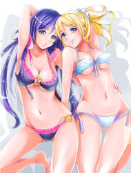 Rule 34 | 10s, 2girls, arm up, armpits, ayase eli, bikini, blonde hair, blue eyes, breasts, cleavage, green eyes, heart, large breasts, looking at viewer, love live!, love live! school idol festival, love live! school idol project, medium breasts, midriff, multiple girls, navel, ponytail, puckered lips, purple hair, saojou, scrunchie, simple background, swimsuit, tojo nozomi, twintails