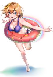 Rule 34 | 1girl, :d, absurdres, barefoot, bikini, blue eyes, breasts, cleavage, doughnut, doughnut innertube, floating hair, flower, food, full body, hair between eyes, hair flower, hair ornament, highres, innertube, kujuu shikuro, leg up, light brown hair, looking at viewer, miyamori aoi, open mouth, outstretched arms, purple bikini, shiny clothes, shirobako, side-tie bikini bottom, simple background, smile, solo, sunflower, swim ring, swimsuit, white background