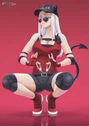 Rule 34 | 1girl, blind, breasts, cuffs, demon girl, demon tail, full body, gloves, hat, helltaker, highres, justice (helltaker), knee pads, kneeling, red background, red shirt, shirt, shorts, smile, sunglasses, tail, white hair