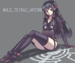 Rule 34 | &gt;:), 00s, 1girl, akiyasu, anklet, ar tonelico, ar tonelico ii, arms at sides, black footwear, black hair, black leotard, boots, breasts, closed mouth, grey background, gust, jakuri (ar tonelico), jewelry, knees up, leotard, long hair, looking at viewer, mule teiwaz, red eyes, shoulder pads, sidelocks, simple background, small breasts, smile, solo, thigh boots, thighhighs, touhuya, tsurime, underboob, v-shaped eyebrows, very long hair