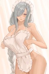 Rule 34 | 1girl, absurdres, apron, backlighting, bare shoulders, blue eyes, blush, braid, breasts, cleavage, collarbone, curtains, genshin impact, hair over one eye, highres, large breasts, long hair, looking at viewer, low-braided long hair, low-tied long hair, lsls, maid headdress, naked apron, shenhe (genshin impact), thighs, very long hair, white apron, white hair