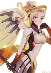 Rule 34 | 1girl, armor, bad id, bad pixiv id, black gloves, blonde hair, blue eyes, bodysuit, breastplate, breasts, brown pantyhose, closed mouth, cowboy shot, eyebrows, faulds, gloves, hair ornament, halo, hanato (seonoaiko), hand up, headgear, holding, holding staff, holding weapon, loincloth, long hair, looking at viewer, mechanical halo, mechanical wings, medium breasts, mercy (overwatch), overwatch, overwatch 1, pantyhose, ponytail, solo, spread wings, staff, turtleneck, twitter username, weapon, wings, yellow wings