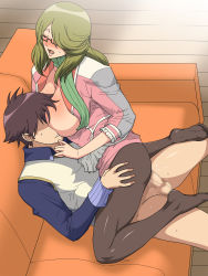 Rule 34 | 1girl, blush, breast press, breasts, breasts out, censored, chousoku henkei gyrozetter, cowgirl position, closed eyes, feet, girl on top, glasses, greco roman (spiral brain), green hair, hair over one eye, hayami shunsuke, highres, large breasts, legs, long hair, no shoes, open clothes, open mouth, pantyhose, penis, scarf, sex, short hair, shoudou kotoha, sitting, sitting on person, straddling, sweat, thighs, toes, vaginal