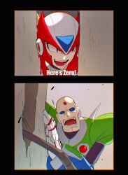 Rule 34 | 2boys, absurdres, android, bald, blonde hair, blue eyes, blue sclera, colored sclera, commentary, english commentary, english text, helmet, here&#039;s johnny! (meme), highres, impact (font), industrial pipe, male focus, mega man (series), mega man x4, mega man x (series), meme, multiple boys, scared, sigma (mega man), tanewiii, the shining, upper body, zero (mega man)