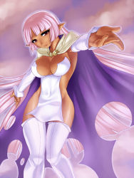 Rule 34 | 1girl, aq interactive, arcana heart, arcana heart 2, armpits, atlus, blush, breasts, cape, cleavage, cloud, covered erect nipples, dark-skinned female, dark skin, detached sleeves, elf, examu, head tilt, large breasts, long hair, misao (kami no misoshiru), no bra, no panties, outstretched arm, outstretched hand, parace l&#039;sia, pink hair, pointy ears, reaching, red eyes, revealing clothes, sky, smile, solo, thigh gap, thighhighs, thighs, torn cape, torn clothes, very long hair, white thighhighs