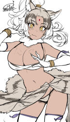Rule 34 | 1girl, animal ears, bikini, breasts, brown eyes, closed mouth, commentary request, dancer, dancing, dark-skinned female, dark skin, dated, elbow gloves, facial mark, fang, forehead mark, fur collar, gloves, happa (cloverppd), highres, indian wolf (kemono friends), jewelry, kemono friends, kneehighs, large breasts, multicolored hair, ponytail, signature, sketch, smile, socks, swimsuit, wolf ears, wolf girl