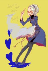 Rule 34 | 1girl, atlus, bad id, bad pixiv id, blush, book, dress, margaret, margaret (persona), pantyhose, persona, persona 4, silver hair, solo, ten, ten (ch), yellow eyes