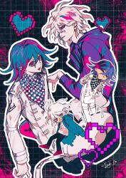 Rule 34 | 2boys, black hair, blood, buttons, checkered clothes, checkered scarf, chibi, danganronpa (series), danganronpa 2: goodbye despair, danganronpa v3: killing harmony, double v, flipped hair, green eyes, green jacket, grey hair, hair between eyes, heart, highres, hood, jacket, komaeda nagito, long sleeves, looking at viewer, male focus, medium hair, messy hair, multiple boys, oma kokichi, open clothes, open jacket, open mouth, outline, pale skin, pants, parted lips, pink blood, pixel heart, profile, purple hair, scarf, shirt, short hair, signature, smile, straitjacket, tai-yaki (tiyk 0807), v, white outline, white shirt