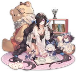 Rule 34 | 1girl, black hair, book, braid, criin (659503), crop top, flower, game cg, hair over one eye, jewelry, long hair, looking at viewer, mahjong soul, morikawa ayako, necklace, official art, one eye covered, pajamas, purple eyes, quill, shorts, solo, stuffed animal, stuffed toy, tachi-e, teddy bear, transparent background, twin braids, vase, very long hair, writing, yostar