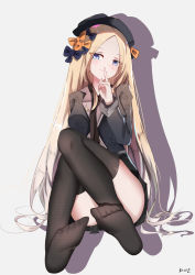 Rule 34 | 1girl, abigail williams (fate), alternate costume, black bow, black hat, black necktie, black shirt, black skirt, black thighhighs, blonde hair, blue eyes, blush, bow, closed mouth, dust9, fate/grand order, fate (series), feet, finger to mouth, forehead, full body, grey background, hair bow, hand up, hat, highres, indoors, knees up, legs, long hair, long sleeves, multiple hair bows, necktie, no shoes, orange bow, parted bangs, pleated skirt, revision, shadow, shirt, shushing, signature, simple background, sitting, skirt, smile, soles, solo, thighhighs, very long hair