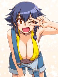 Rule 34 | 1girl, :d, armpits, bare shoulders, bent over, bikini, bikini under clothes, blue hair, blue overalls, braid, breasts, brown eyes, check commentary, cleavage, collarbone, commentary, commentary request, cowboy shot, girls und panzer, gradient background, hair between eyes, hand on own leg, large breasts, leaning forward, looking at viewer, one eye closed, oosaka kanagawa, open mouth, orange background, overall shorts, overalls, pepperoni (girls und panzer), short hair, side braid, sidelocks, skindentation, smile, solo, standing, star (symbol), strap slip, swimsuit, thigh gap, v over eye, white background, yellow bikini