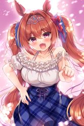Rule 34 | 1girl, :d, absurdres, animal ears, bare shoulders, blue skirt, blush, bow, breasts, brown hair, collarbone, commentary request, daiwa scarlet (umamusume), fang, hair between eyes, hair bow, hair intakes, hand on own hip, has bad revision, has downscaled revision, highres, horse ears, index finger raised, long hair, looking at viewer, md5 mismatch, medium breasts, off-shoulder shirt, off shoulder, open mouth, outstretched arm, plaid, plaid skirt, puffy short sleeves, puffy sleeves, purple eyes, red bow, resolution mismatch, shirt, short sleeves, skirt, smile, solo, source smaller, suzunone rena, tiara, twintails, umamusume, very long hair, white shirt