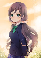 Rule 34 | 10s, 1girl, bad id, bad pixiv id, blazer, bow, bowtie, breasts, from side, green bow, green bowtie, green eyes, ichinose (sorario), jacket, long hair, long sleeves, looking at viewer, love live!, love live! school idol project, plaid, plaid skirt, purple hair, school uniform, scrunchie, skirt, smile, solo, striped bow, striped bowtie, striped clothes, striped neckwear, tojo nozomi, twintails