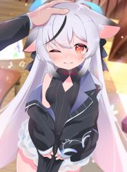 Rule 34 | 1girl, absurdres, animal ears, blue archive, blurry, blurry background, blush, commentary request, grey hair, halo, headpat, highres, jacket, kokona (blue archive), long hair, looking at viewer, one eye closed, orange hair, pov, pov hands, sin pentagram, solo focus, table, tears