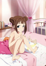 Rule 34 | 1girl, absurdres, aqua eyes, barefoot, bed, blush, brown hair, cleft of venus, double bun, feet, green eyes, highres, idolmaster, legs, looking at viewer, nude, nude filter, open mouth, pussy, short hair, soles, solo, stuffed animal, stuffed toy, takatsuki kasumi, third-party edit, toes, uncensored