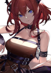Rule 34 | 1girl, arknights, armband, bare shoulders, belt, black belt, black dress, breasts, calder, chinese commentary, cleavage, commentary request, corrupted metadata, dress, hair between eyes, head tilt, horns, infection monitor (arknights), large breasts, long hair, looking at viewer, off shoulder, purple eyes, red hair, simple background, sleeveless, sleeveless dress, solo, surtr (arknights), upper body, white background