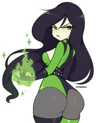 Rule 34 | 1girl, absurdres, ass, black gloves, black hair, black leotard, black pantyhose, black thighhighs, blush, colored skin, cremanata, energy ball, gloves, green eyes, green leotard, green skin, green thighhighs, highres, huge ass, kim possible (series), leotard, looking at viewer, looking back, pantyhose, shego, thighhighs, two-tone leotard