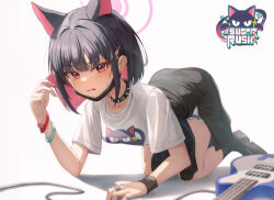 Rule 34 | 1girl, absurdres, all fours, animal ears, bass guitar, black collar, black footwear, black hair, black jacket, black mask, black wristband, blue archive, blush, breasts, cat ears, clothes around waist, collar, colored inner hair, commentary, earclip, earrings, extra ears, halo, highres, holding, holding plectrum, instrument, jacket, jacket around waist, jewelry, kazusa (band) (blue archive), kazusa (blue archive), looking at viewer, mask, mask around neck, medium breasts, mouth mask, multicolored hair, official alternate costume, open mouth, pink eyes, pink hair, pink halo, plectrum, shirt, shj1998z, short sleeves, simple background, skirt, solo, spiked collar, spikes, stud earrings, sweatdrop, white background, white shirt, white skirt