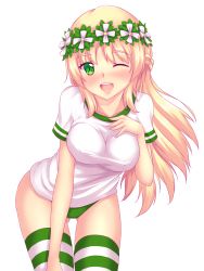 Rule 34 | 1girl, ;d, blonde hair, breasts, buruma, collarbone, covered erect nipples, cowboy shot, gluteal fold, green buruma, green eyes, green panties, hand on own knee, head wreath, highres, leaning forward, long hair, looking at viewer, medium breasts, nottytiffy, one eye closed, open mouth, original, panties, shirt, short sleeves, simple background, smile, solo, standing, striped clothes, striped thighhighs, t-shirt, thighhighs, underwear, very long hair, white background, white shirt